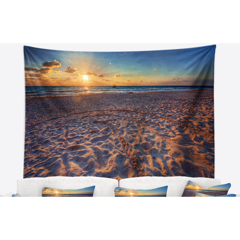 Trodden sandy beach à coucher de soleil avec accessoires suspendus en polyester mer de mer, H 68 po x l 80 po