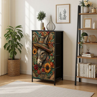 4 Drawer Vertical Storage Dresser Colorful Donkey Sombrero Surrounded by Cactus Flowers Mexican with Wood Top Fabric Pull Drawers