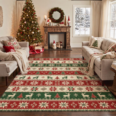 Tapis de salle à manger lavable à poils courts, motif animaux de Noël (rennes et pommes de pin), rouge et ivoire, style Fair Isle.