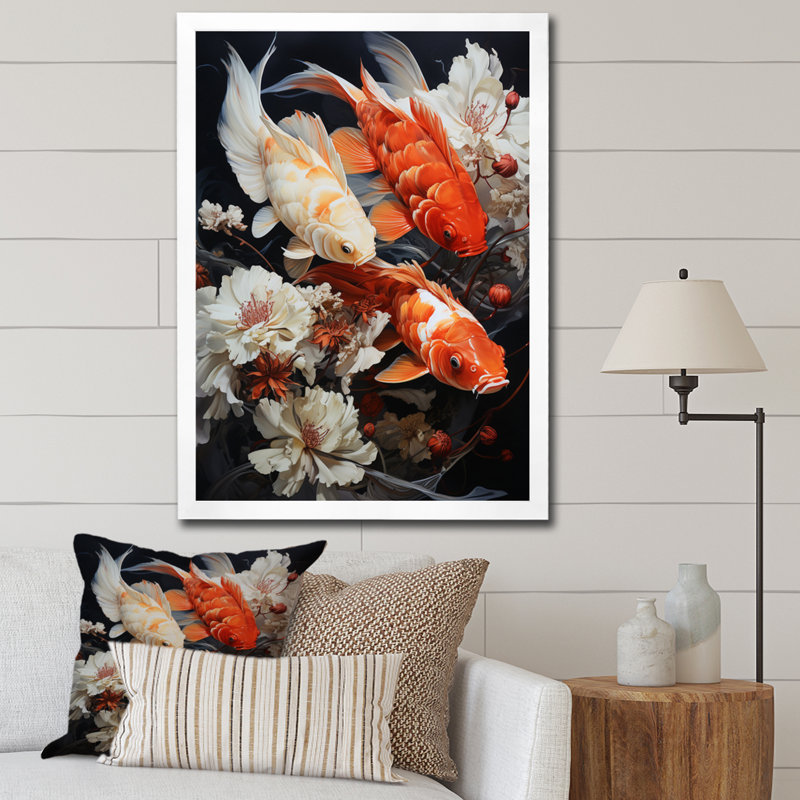 «Fishing Contemporary Koi Fish III», reproduction sur toile, H 32 po x l 16 po x P 1 po, Cadre photo blanc