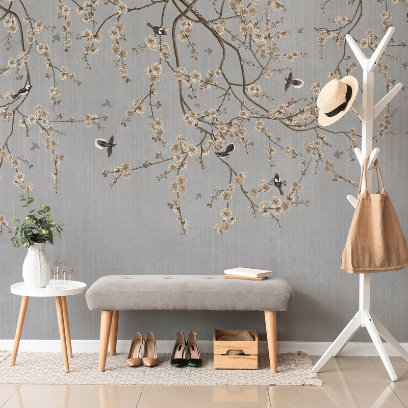 Papier peint fleurs de cerisier en fleurs, L 110,04 po x l 204 po, Gris