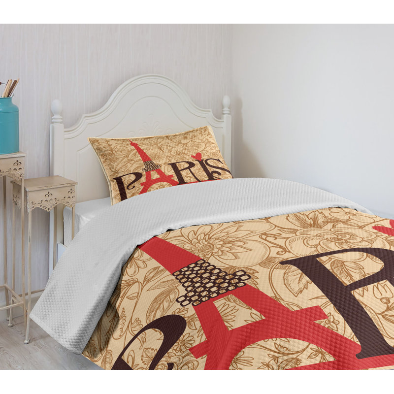 Paris Eiffel Tower Twin Quilted Bedspread Set in Beige and Red