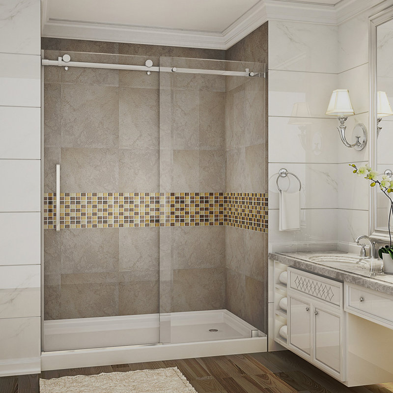 Moselle 77.5" Single Sliding Frameless Shower Door, Stainless Steel, Frosted, Right Opening