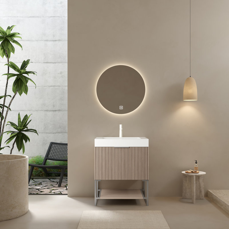 Meuble-lavabo 24 po avec lavabo encastré, meuble de rangement mural moderne rayé en contreplaqué flottant avec 2 tiroirs, lavabo rectangulaire intégré en acrylique blanc sans robinet