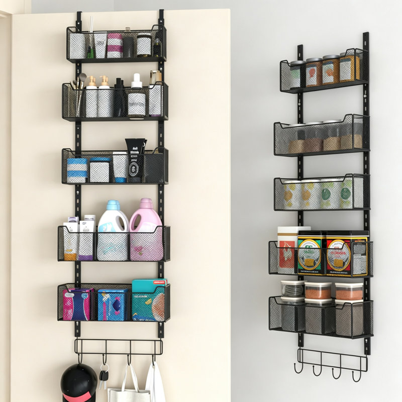 White Over Door Storage Organiser | Metal Hanging Door Caddy with 5 Adjustable Baskets & Coat Hooks | Behind Door Storage for Bedroom, Wardrobe, Bathroom, Pantry & Kitchen Cabinets