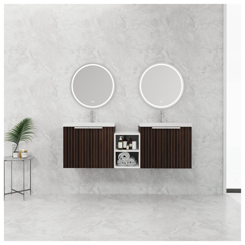 Meuble-lavabo de 60 po avec portes à fermeture douce en rayure brun argenté, armoire moderne en contreplaqué avec lavabo intégré