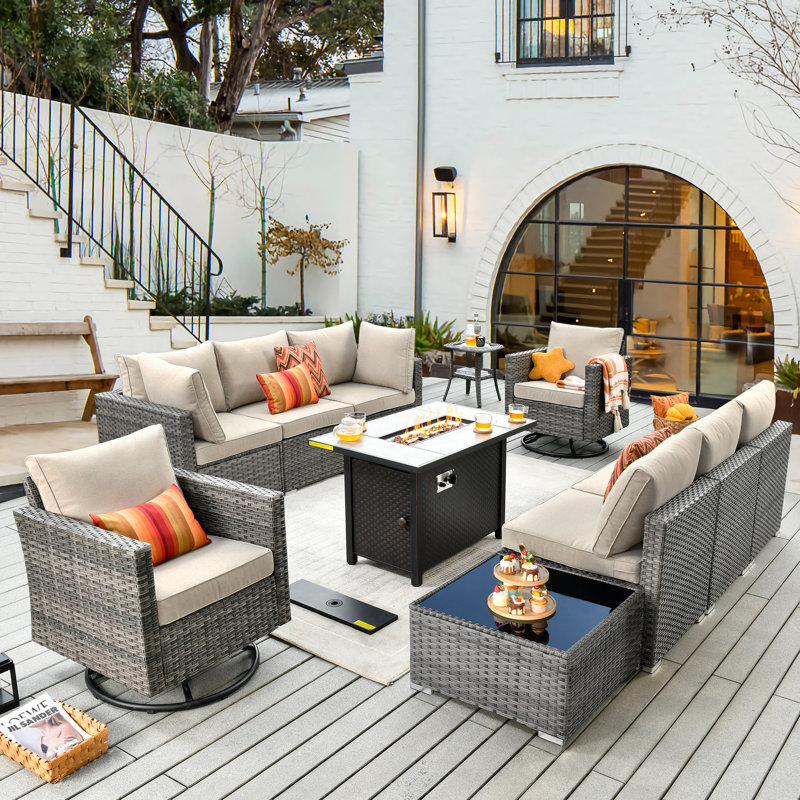 "8 - Person Patio Furniture Set With Swivel Rockers, Outdoor Wicker Rattan Sectional Seating Group With Cushions, All Weather Sofa Conversation Set With Fire Pit Table For Garden Backyard "