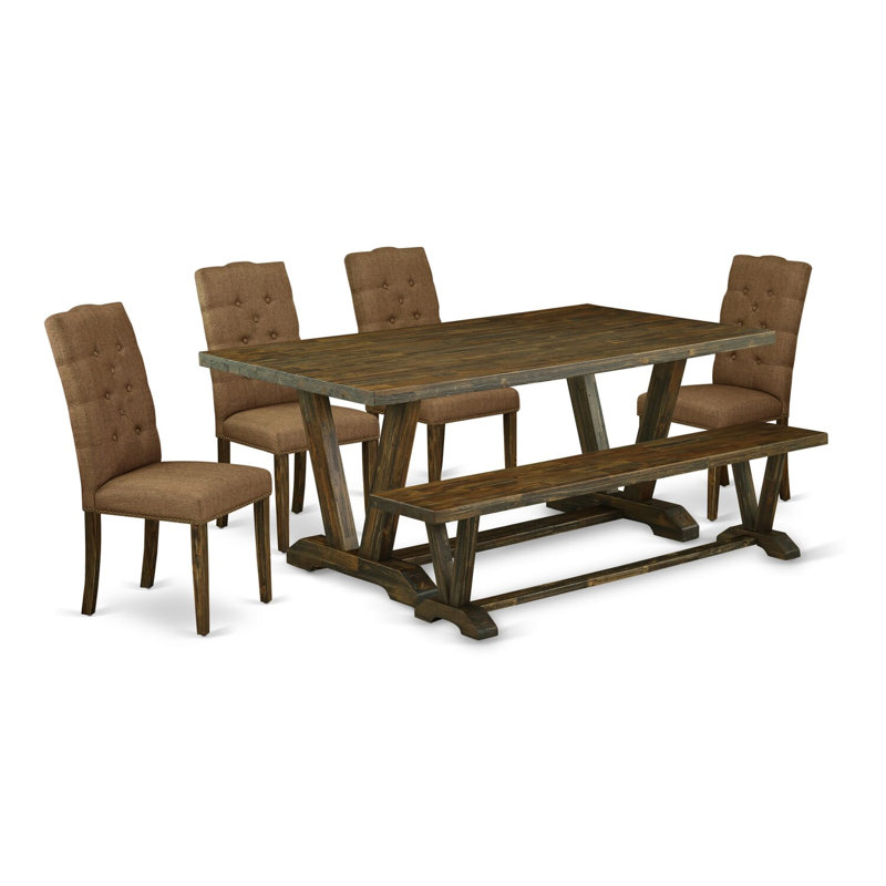 6-pc Set-Brown Beige Linen Fabric Seat and Button Tufted Chair Back Parson Dining chairs, Distressed Jacobean Bench, and Rectangular top Wood Kitchen Table with Wooden Legs -  Distressed Jacobean Finish