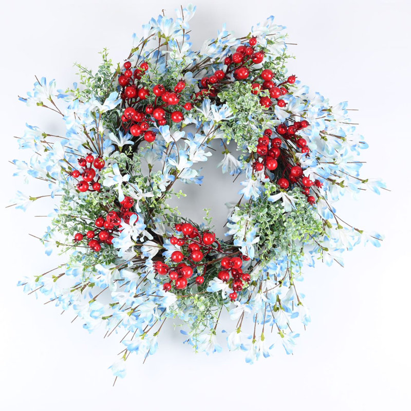 Couronne de Noël en baies et grappe de fleurs 24 po, Bleu/rouge