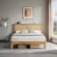 Base de lit pleine grandeur en bois massif et en métal soudé avec tête de lit en rotin d'une capacité de 1000 lb avec lumière DEL et rangement sous le lit 8 po, lit plateforme silencieux, assemblage facile, couleur bois naturel-1204483793