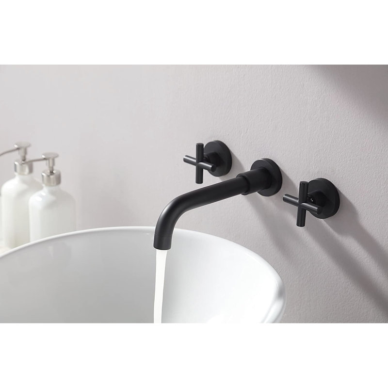 Wall Mount Bathroom Faucet Matte Black With 2 Handles - Rust, Corrosion, Scratch, Tarnish, Spot 1.5 Gpm Flow Rate 8" Spout Height, 7" Reach 3" Centers Deck Plate, Drain Assembly Overflow Included