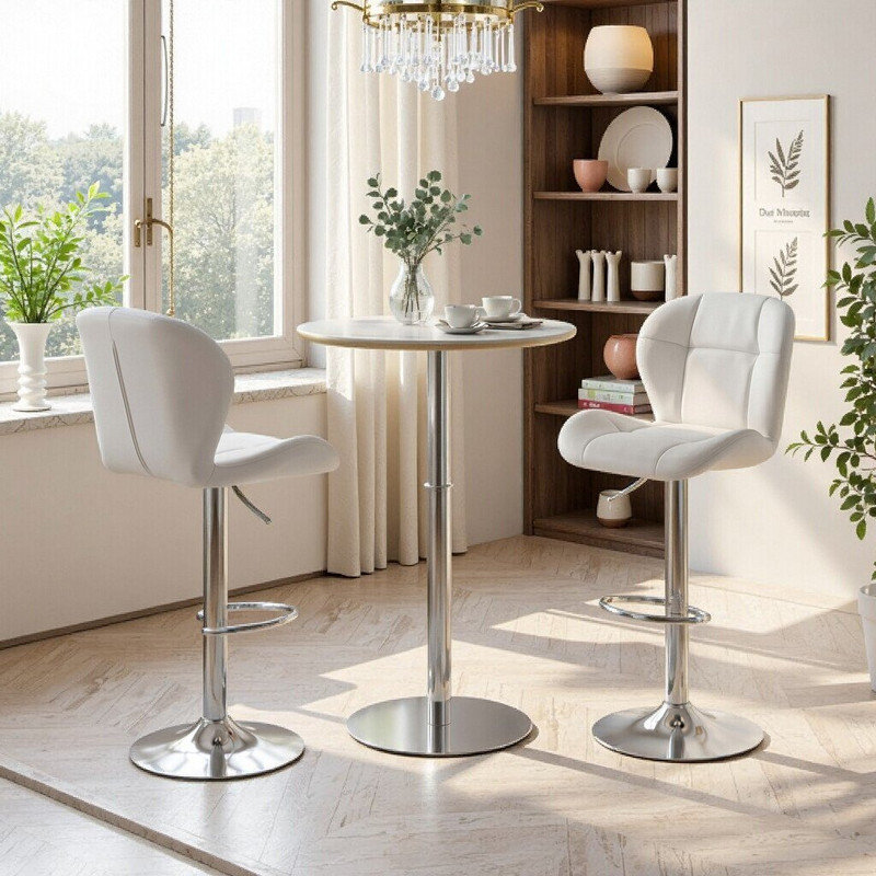 Table de bar ronde réglable et 2 tabourets avec plateau en pierre frittée pour îlot de cuisine ou bar personnel