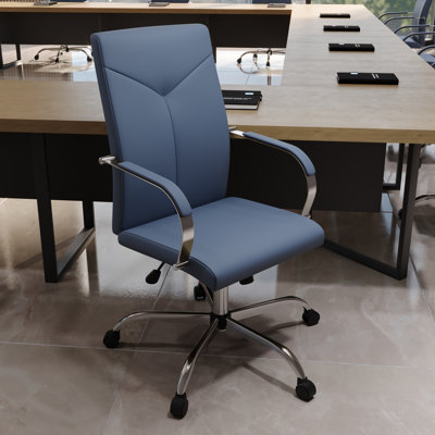 Dumond Modern Y-Stitched Executive Chair – Leather Ribbed Office Chair with Chrome Steel Base – Ergonomic Mid-Century Swivel Task Chair