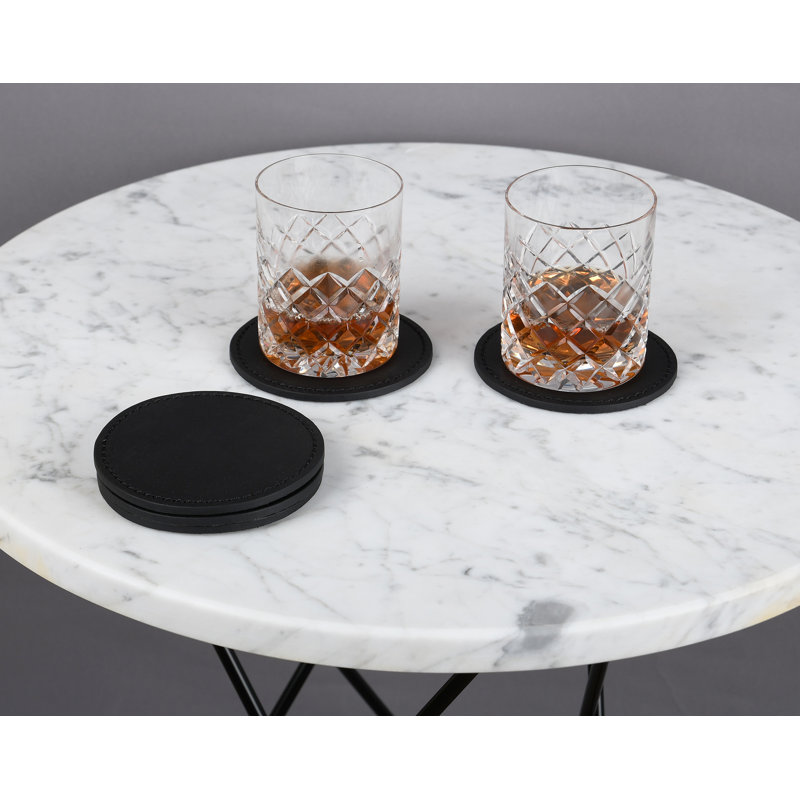 Leather Round 5 Piece Coaster Set, Black
