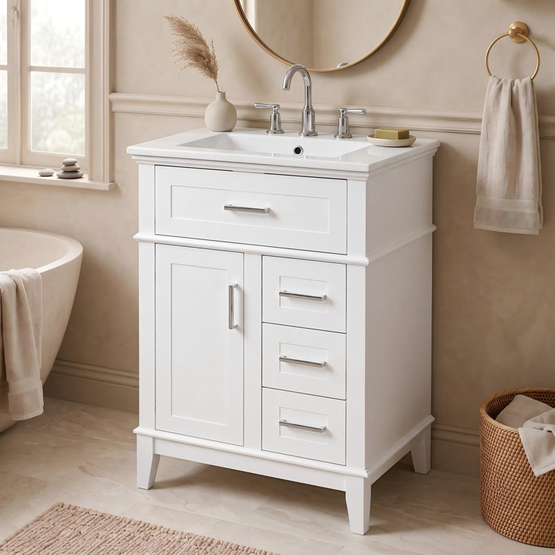Meuble-lavabo 24 po avec lavabo en céramique, tiroir rabattable et 3 tiroirs, White