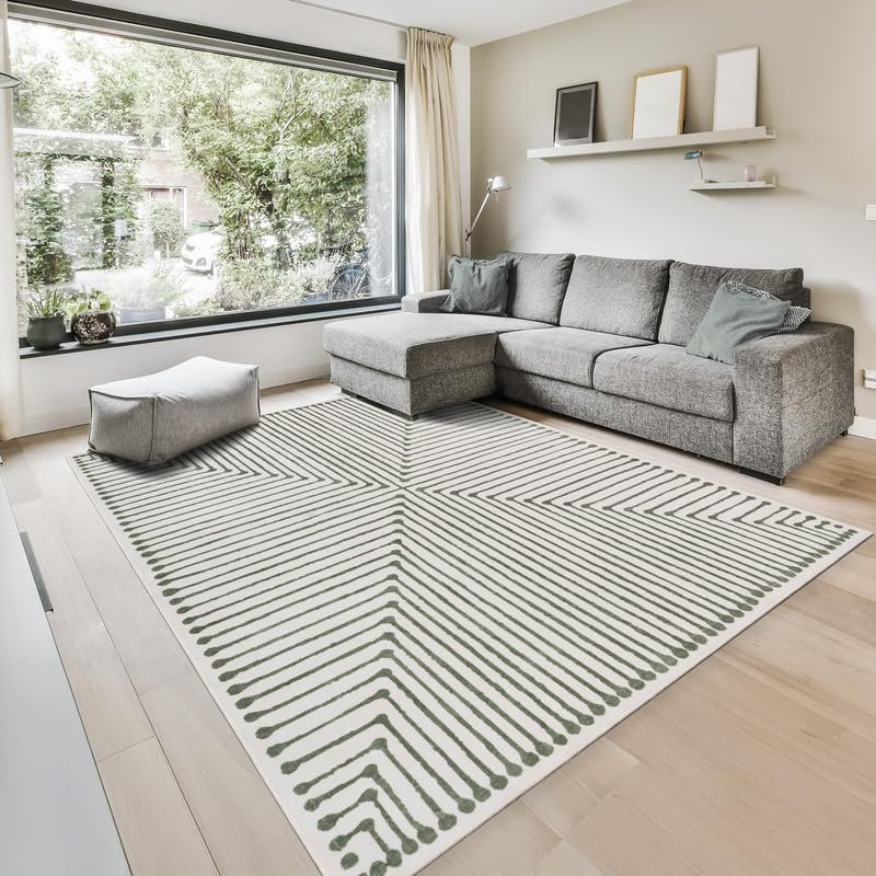 Milet - Indoor, Machine Washable Area Rug - 9'x12' Green Beige Home Carpet, Rectangle 9' x 12'