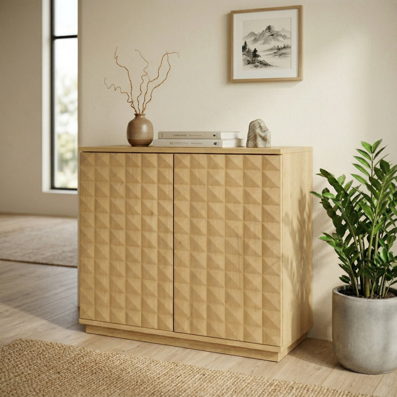 NTC Sapa 2 Door Storage Cabinet, Solid Wood Accent Cabinet with Hand-Carved 3D Doors, Modular Storage System, Expandable Cabinet for Living Room & TV Stand, Easy Assembly, Sand