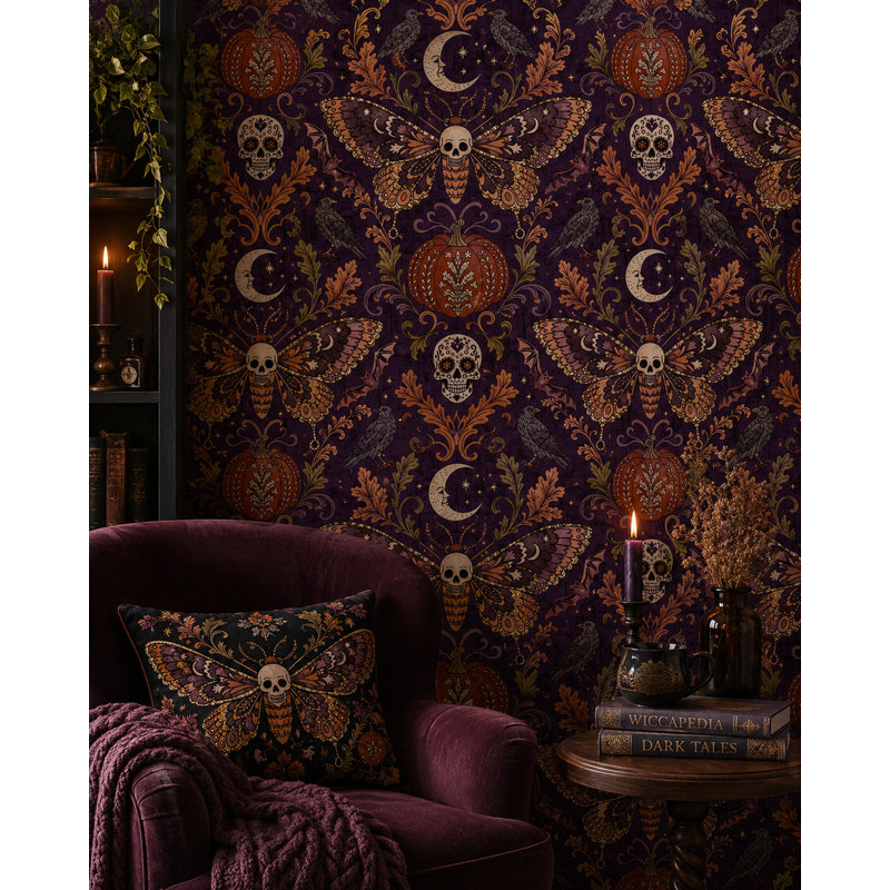 Gothic Moth Skull and Pumpkin Wallpaper in Deep Purple Tones