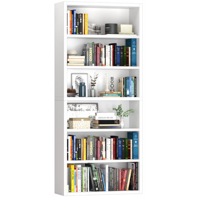 Bibliothèque à 6 niveaux avec tablette de rangement ouverte, bibliothèque en bois de 72 po de hauteur, étagère de rangement robuste et moderne pour le salon, le bureau personnel, le bureau, blanc
