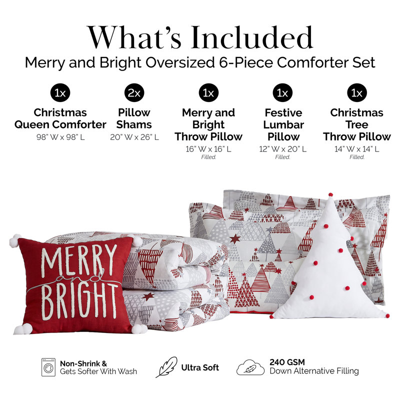 Ensemble de literie réversible Southshore Fine Linens Merry and Bright, 6 pièces avec 1 couette, 2 taies d'oreiller et 3 coussins décoratifs garnis, Grand lit/très grand lit