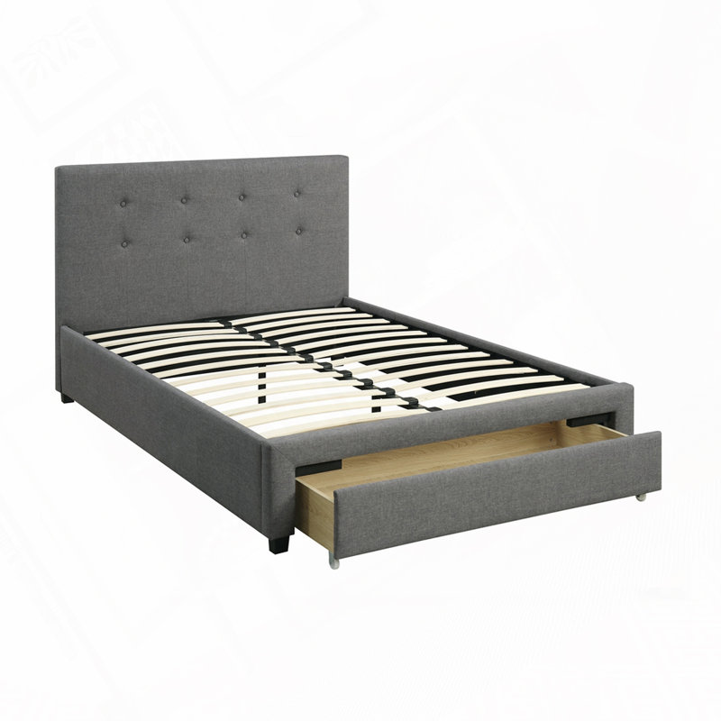 Lit capitonné en tissu capitonné avec tiroirs de rangement, Gris