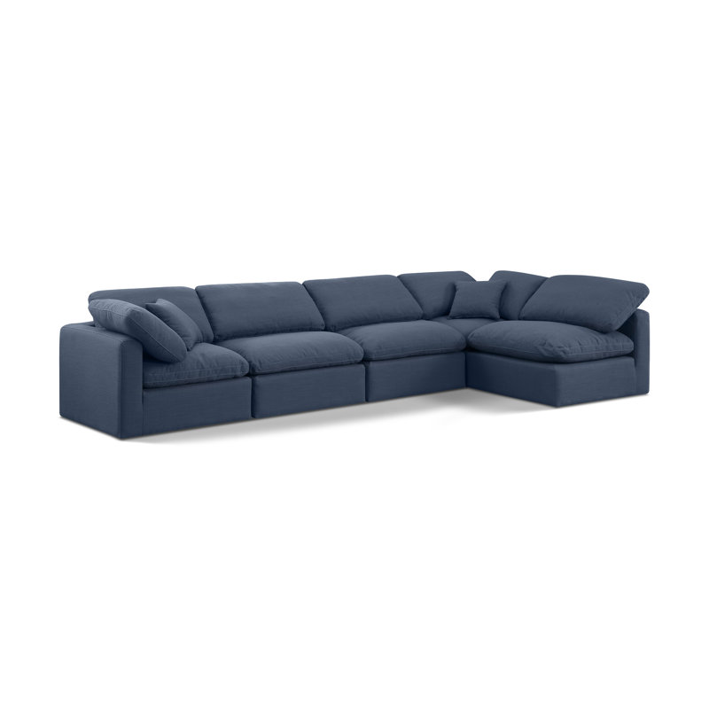 Canapé modulaire en coin 5 pièces Hinami, Tissu texturé en lin bleu marine