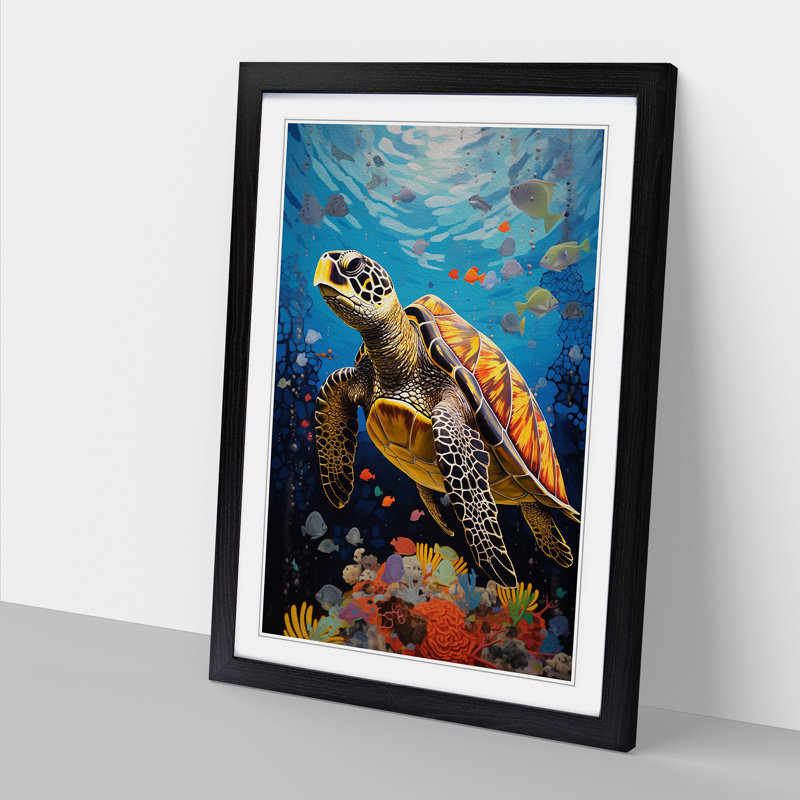 Sea Turtle Constructivism - Single Picture Frame Print on Wood, Black , 46cm H x 34cm W x 2cm D
