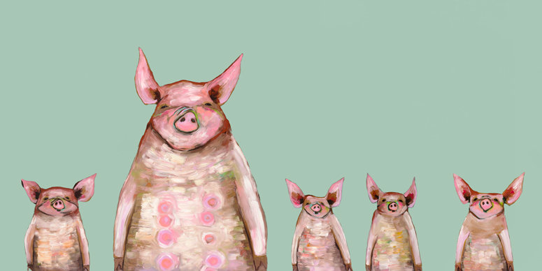 Cinq cochons dans une rangée - reproduction d'art sur toile tendue, H 24 po x l 48 po