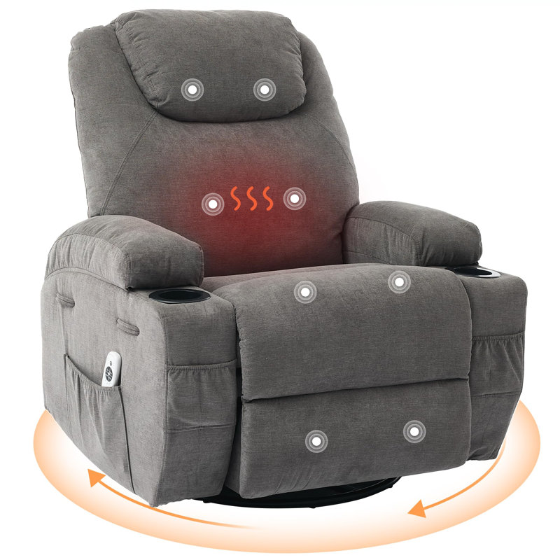 Fauteuil inclinable avec massage et chaleur, inclinable manuel pivotant à 360 ° avec porte-gobelets, poche latérale, Gris