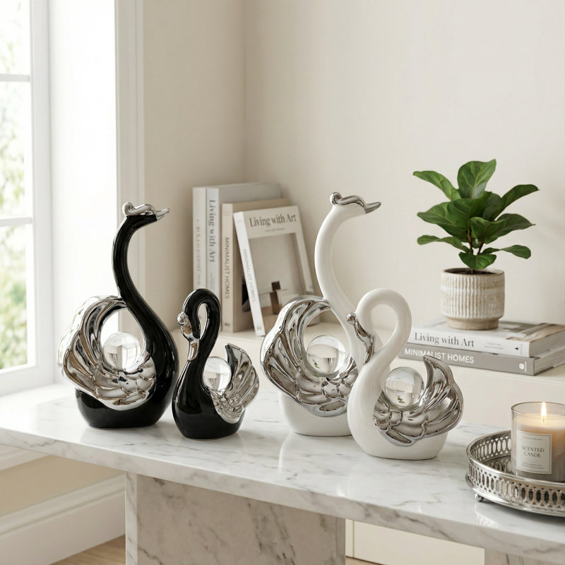 2 pièces statues cygne sculpture souvenir cadeau statue en céramique décoration, Noir