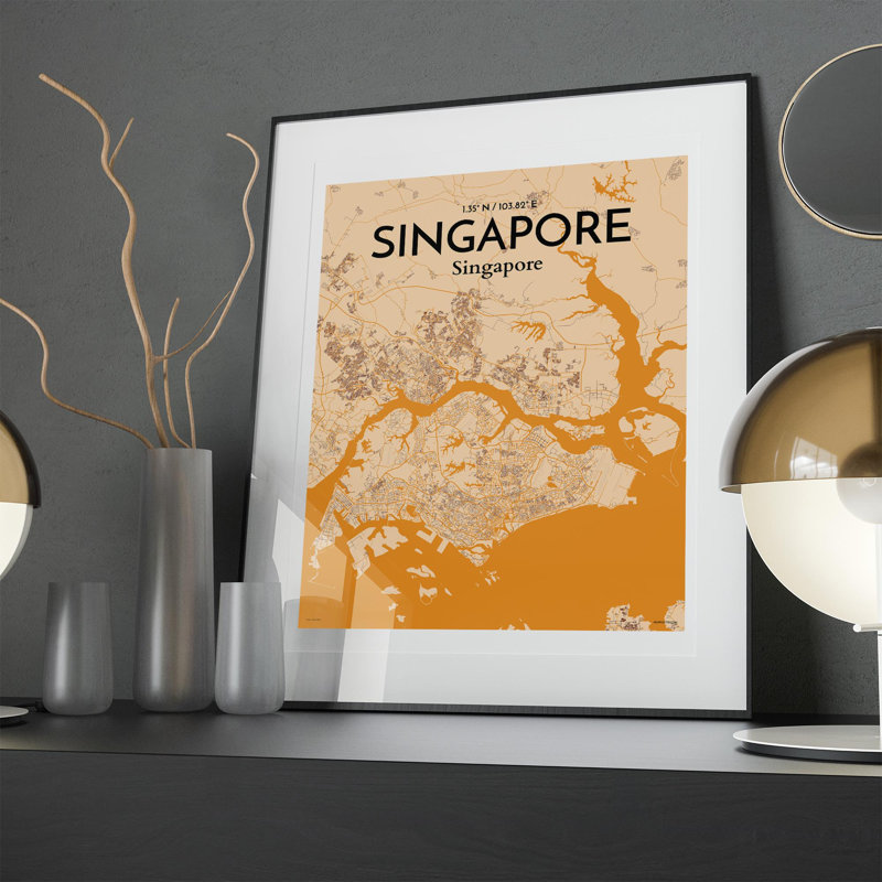 Carte de la ville de Singapour, impression, H 20 po x l 16 po, Orange / or pâle