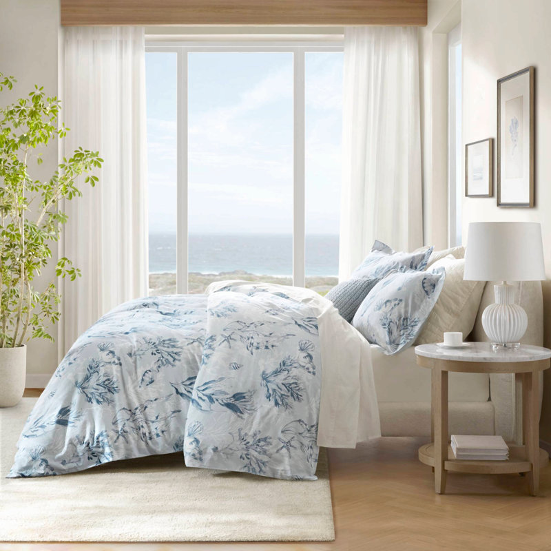 Literie 3 pièces en satin de coton imprimé de luxe, 100 % coton, bleu marine, taille grand lit/queen