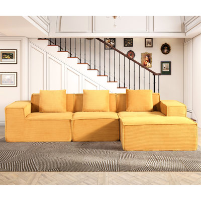Canapé-lit modulaire en velours côtelé jaune gingembre, montage rapide, assise spacieuse et réglable avec oreillers, configuration facile