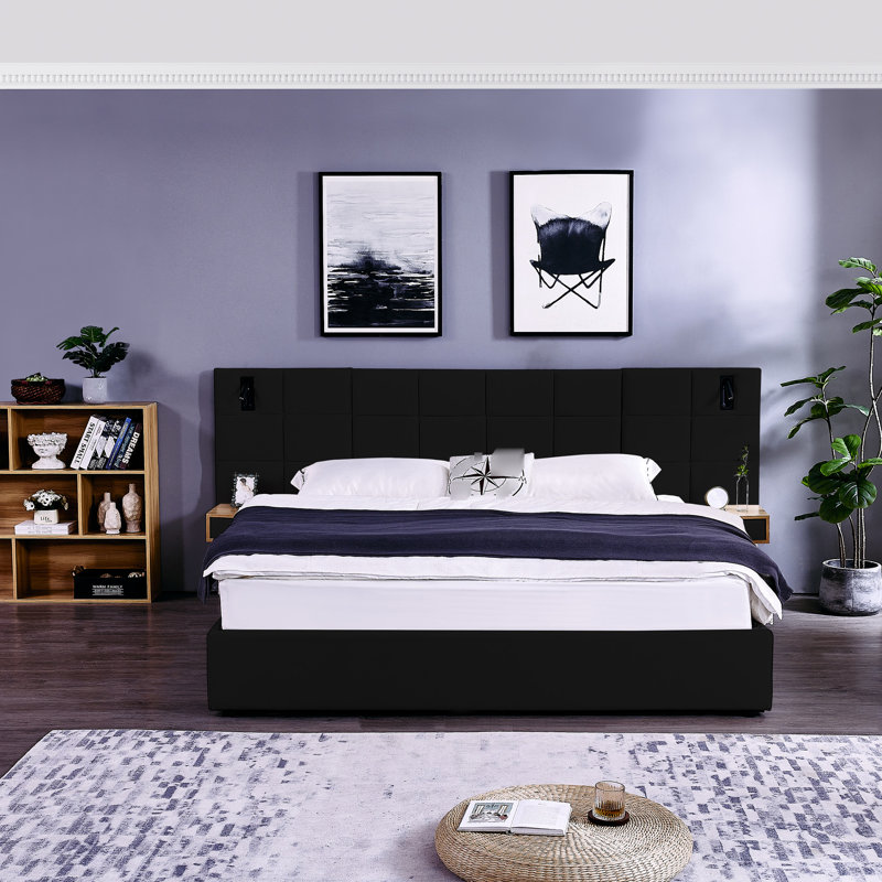 Lit plateforme en velours noir très grand avec 2 tablettes, lampes et - élégant lit de chambre à coucher, construction stable, rangement en dessous avec rangement, conception moderne port, structure,
