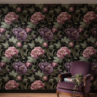 Papier peint floral, affiche murale mauve rétro