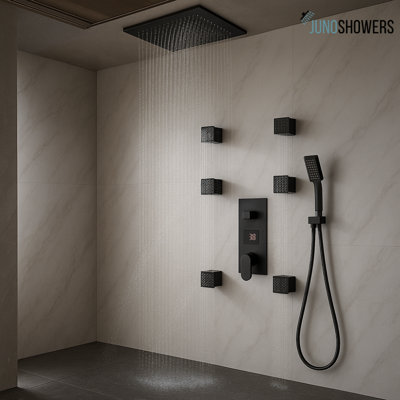 Juno Black Bronze Finish Rainfall Digital Shower Head with 6 Jet Spa Bathroom Shower