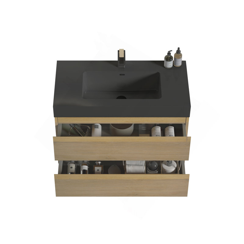 Meuble-lavabo mural en chêne naturel 36 po avec lavabo, grand meuble-lavabo flottant mural pour salle de bain moderne, lavabo une pièce noir sans drain, pré-assemblé