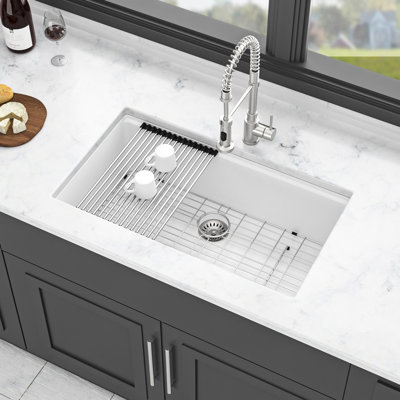 Évier de cuisine en quartz 32 po x 19 po blanc -, Scratch - poste de travail encastré, à faible bruit