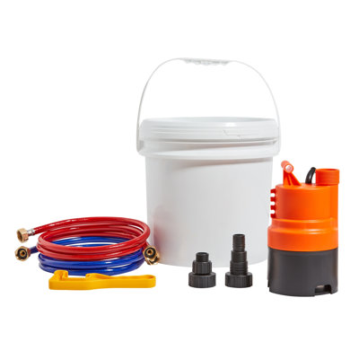 Trousse de rinçage pour chauffe-eau sans réservoir avec pompe submersible de 1/3 CV, seau de 14 litres, tuyaux double couche et adaptateur pour le détartrage et l'entretien