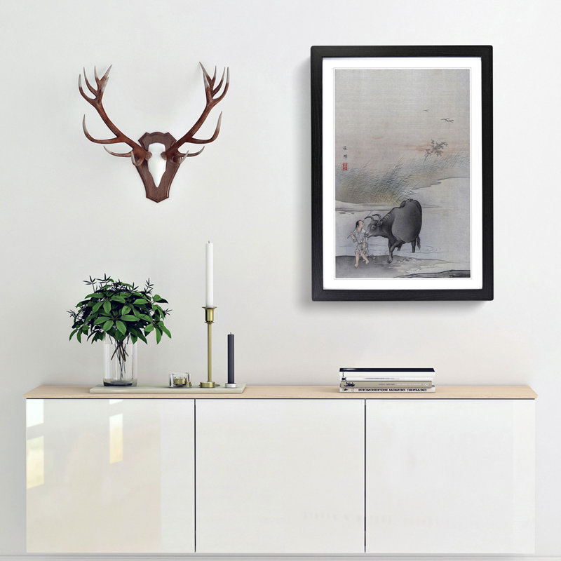 Cow at the Rivers Edge by Hashimoto Gaho - Picture Frame Painting Print, Black Framed, 36cm H x 27cm W x 2cm D