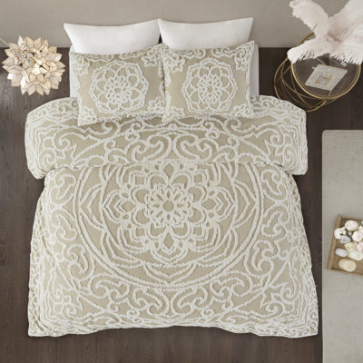 Housse de couette en coton très grand / très grand - taupe 100% pour le confort. Ornement en médaillon. 2 taies décoratives. . Taupe de luxe facile à nettoyer 3 pièces. Sommeil relaxant. Ornement en chenille. Literie assortie lavable