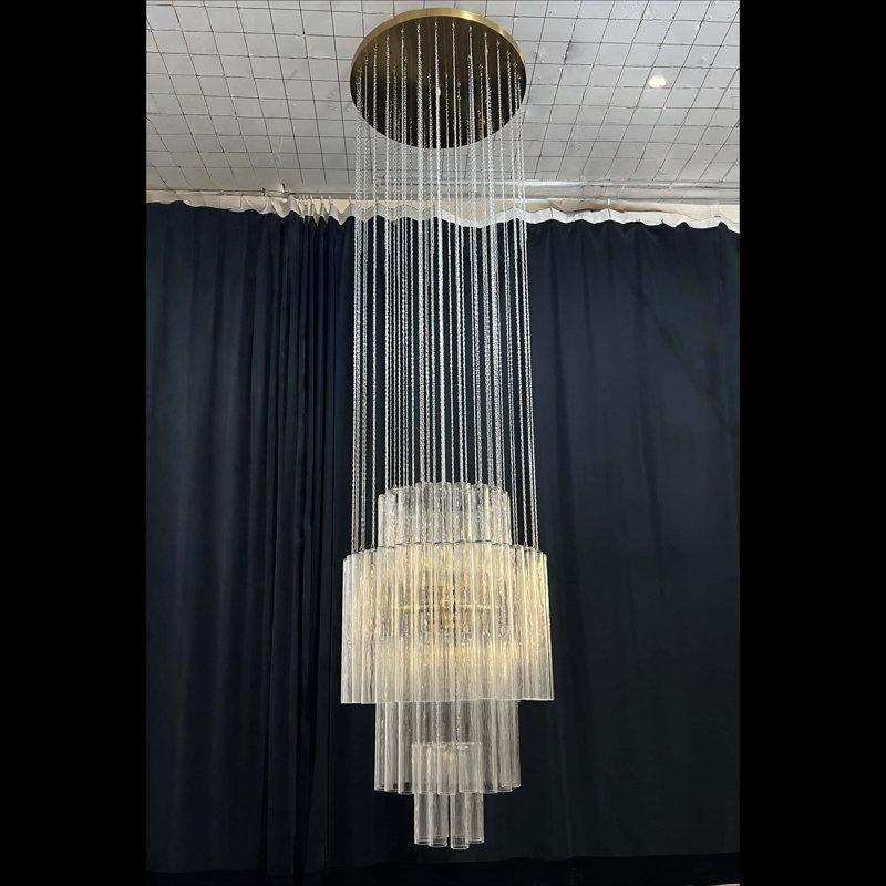 Lustre moderne en verre texturé à niveaux pour plafonds hauts, 37.05" H x 23.4" W x 23.4" D