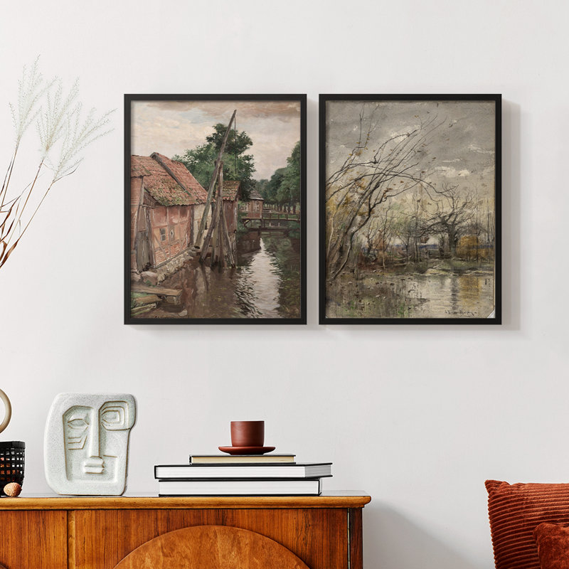 "Paysage rétro", 2 pièces sur papier, H 14 po x l 22 po, Noir