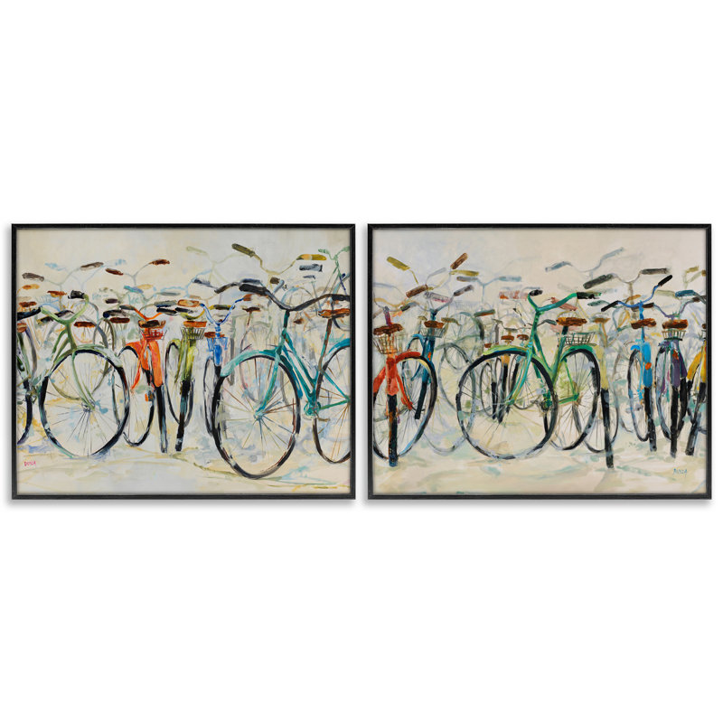 Ensemble de 2 giclées sur bicyclettes dynamiques sur fond beige, design par Dusza, H 11 po x l 14 po