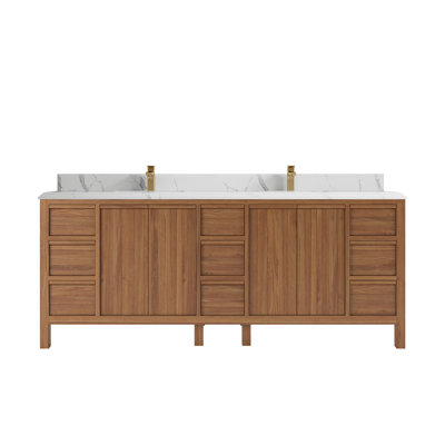 Pacorro 84 In. W X 22 In. D Double Sink Bathroom Vanity In Dark Natural With Cove Edge Quartz