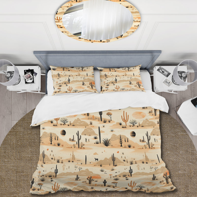 Sandy Beige Desert Boho Pattern Floral Duvet Cover, Queen Duvet Cover + 2 Standard Shams