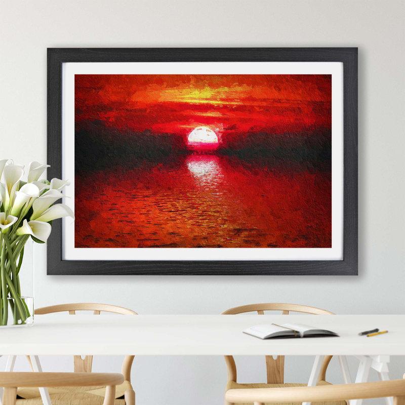Red & Orange Sunset Above The Sea In Abstract - Single Picture Frame Painting, 45cm H x 63cm W x 2cm D, Black