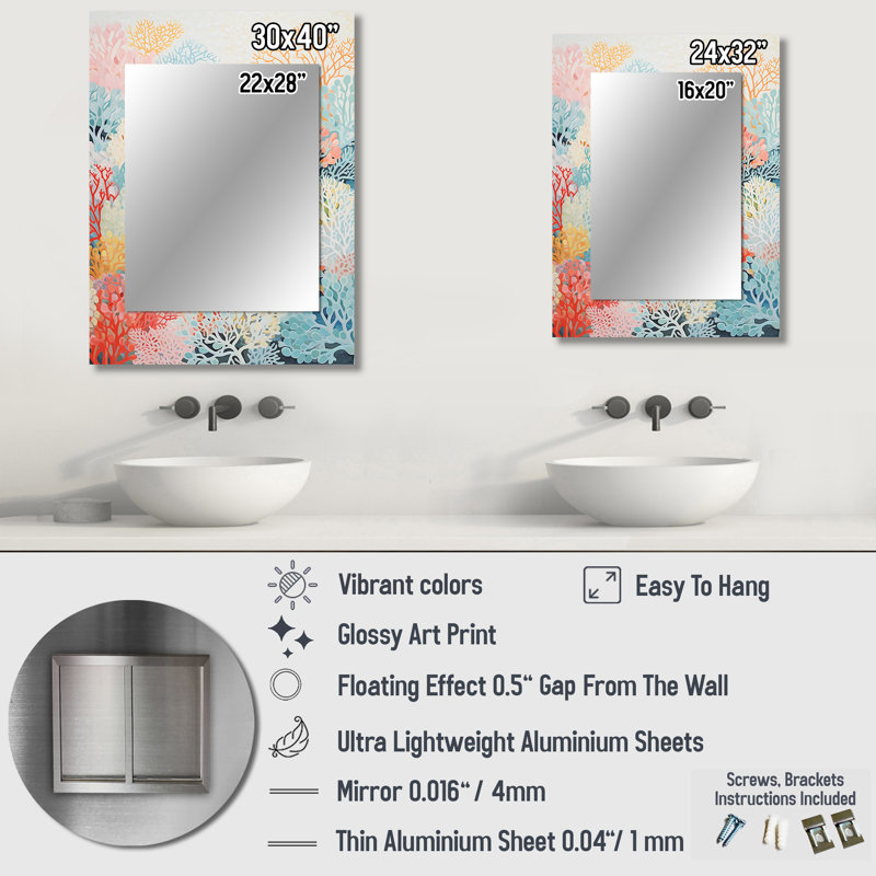 Coral Reef Barrier Expression - miroir mural corail, miroir décoratif corail, impression d'art en métal, 32 po x 24 po
