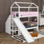 Lit superposé en bois en forme de maison avec glissière et escalier de rangement, lit superposé peu encombrant avec tablettes intégrées et garde-corps-352139162