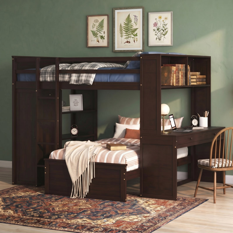 Lit mezzanine double avec lit simple, bureau, tablettes et garde-robe, espresso, Espresso